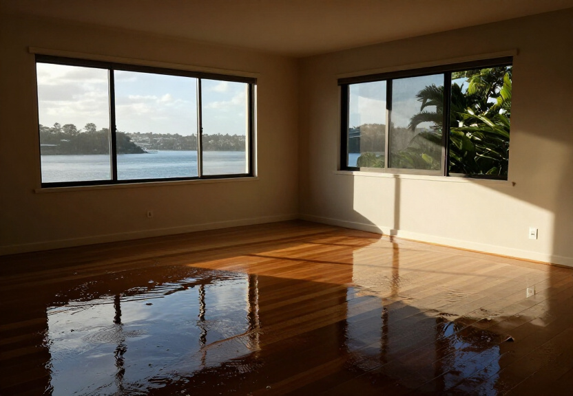 Flooded living room in Bilgola Plateau with water covering the floor and furniture