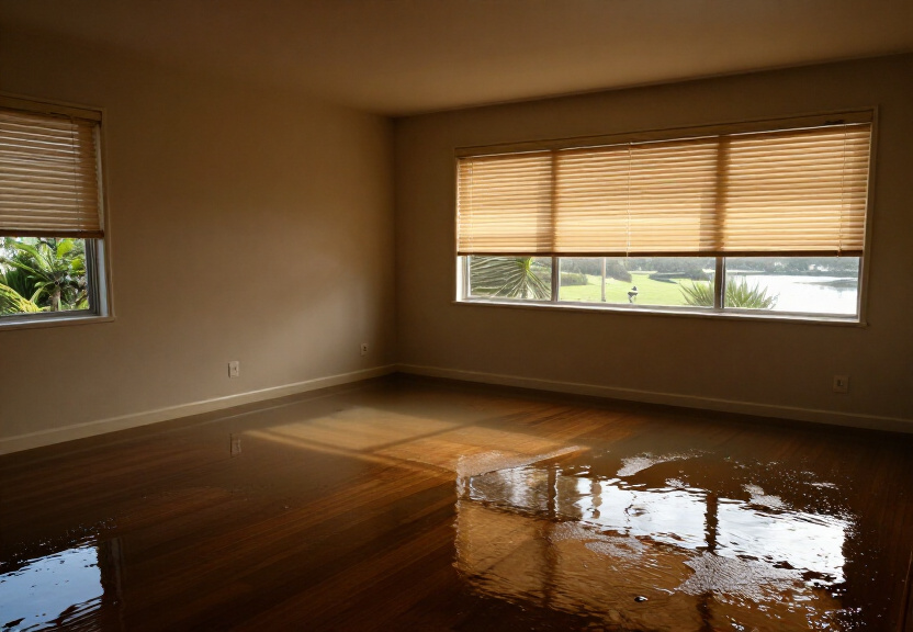 Water-damaged garage in Bilgola Plateau with wet concrete and stored items